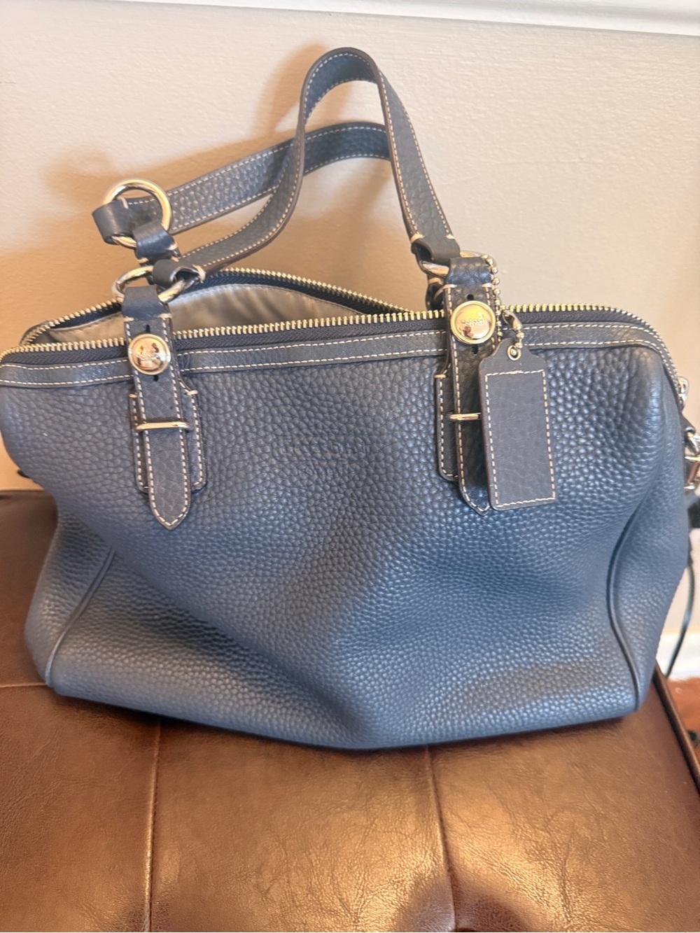 Coach Classic Pebbled Leather Satchel Bag in Navy